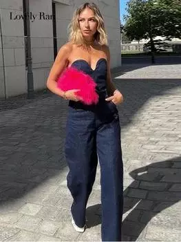 Джинсовый бюстгальтер с поясом, длинный комбинезон, женский винтажный летний модный комбинезон 2023, женский прямой боди с открытыми плечами и открытой спиной на молнии XS темно-синий