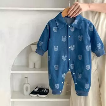 Джинсовый комбинезон для новорожденных мальчиков и девочек с рисунком, унисекс, детский комбинезон с длинными рукавами, bafanou 24113 66cm(3-6M) синий