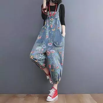 Джинсовый комбинезон с принтом, женский весенне-летний свободный модный повседневный комбинезон в стиле вестерн S синий
