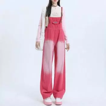 Джинсовый комбинезон, женские комбинезоны в стиле ретро, розовые весенне-осенние модные свободные прямые джинсы, брюки Y2k, одежда Feamle, уличная одежда S розы красного