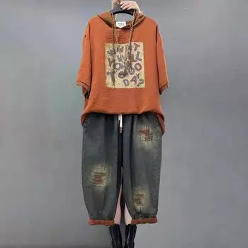 Джинсовый комплект Женские джинсы Комплект из двух предметов Свободный Большой размер Повседневный костюм Женская мода Джинсовые комплекты с капюшоном и принтом M