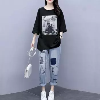 Джинсовый комплект, женский летний свободный и тонкий винтажный повседневный комплект из двух предметов с вышивкой Tide M белый