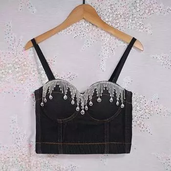 Джинсовый корсет с кисточками и стразами из кристаллов и бриллиантов, бюстгальтеры, джинсы с эффектом пуш-ап, укороченный топ для женщин M чёрный