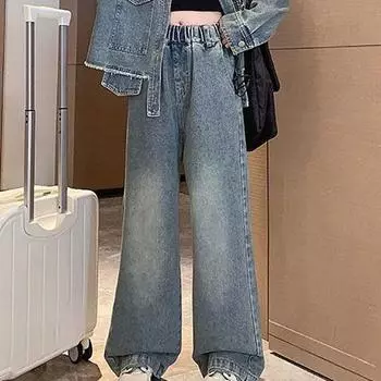 Джинсовый костюм для девочек, осенние детские брюки с широкими штанинами, модное пальто для девочек и детей старшего возраста, костюм из двух частей 170