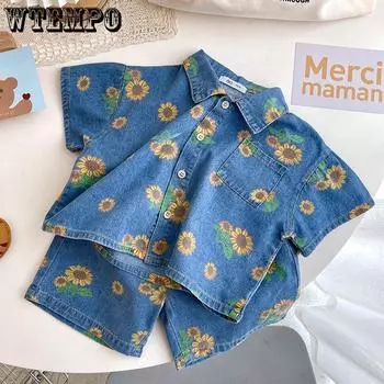 Джинсовый костюм для мальчиков 1-5 лет, летний модный повседневный тонкий джинсовый костюм для мальчиков с принтом хризантем, повседневный комплект из двух предметов 80 синий