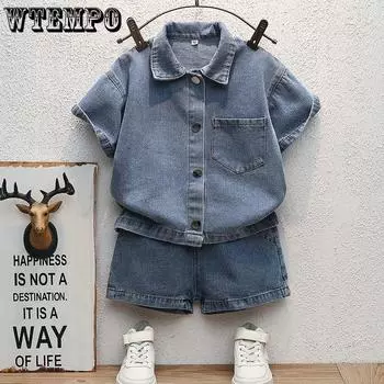Джинсовый костюм для мальчиков, летний красивый модный тонкий летний комплект из двух предметов с короткими рукавами для мальчиков, повседневный синий костюм 110 синий