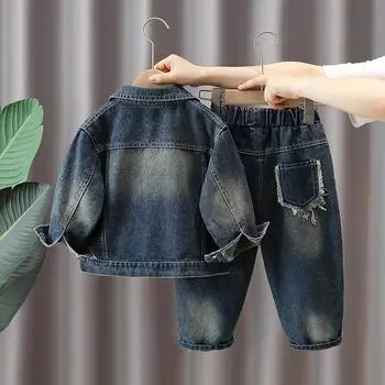 Джинсовый костюм для мальчиков, весенне-осенний детский ретро-модный костюм из двух частей для мальчиков 140 синий