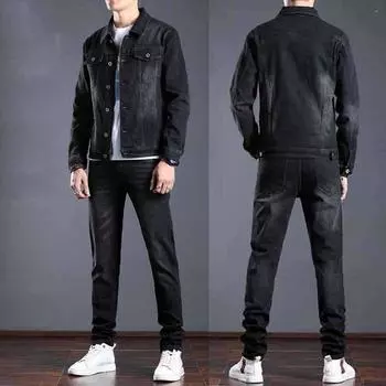 Джинсовый костюм мужской двухкомпонентный пиджак весна-осень куртка куртка брюки модная эластичная мужская одежда XXXXXL чёрный