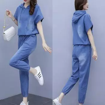 Джинсовый костюм, женский летний комплект из двух предметов, новый женский рабочий комплект из двух предметов из денима, комплект из брюк, повседневный модный комплект из денима 4XL M синий