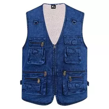 Джинсовый мужской жилет осень и зима большой размер повседневный плюс бархатный жилет теплый жилет жилет с несколькими карманами M синий