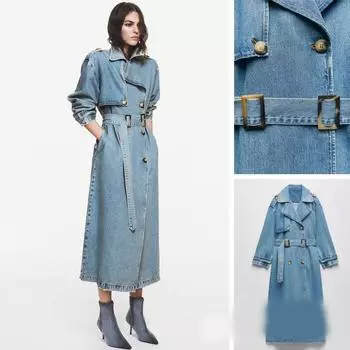 Джинсовый плащ средней длины для женщин с поясом на талии, свободными лацканами, двубортная джинсовая ветровка для женщин, осень XXS синий