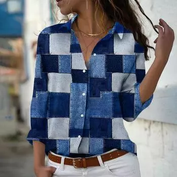 Джинсовый принт Женская блузка весна осень женская офисная женская рубашка на пуговицах с отложным воротником XS темно-синий