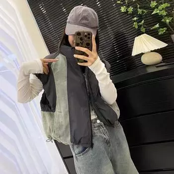 Джинсовый пуховой жилет женский зимний новый легкий контрастного цвета теплый 90% белый жилет из утиного пуха прилив One size