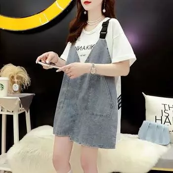 Джинсовый пуловер в стиле пэчворк из двух частей с подтяжками, однотонный, большие размеры S чёрный