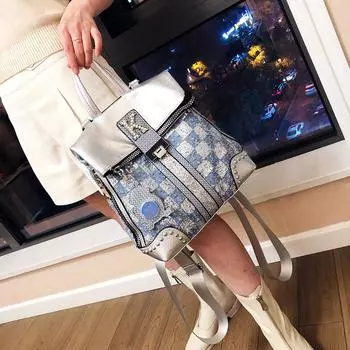 Джинсовый рюкзак в клетку с пайетками, сумка через плечо, женская сумка, универсальный модный и персонализированный рюкзак на одно плечо. синий