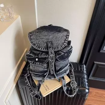 Джинсовый рюкзак женский новый большой вместимости многокарманный портативный сумка-ведро студенческий дорожный рюкзак для поездок чёрный