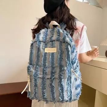 Джинсовый рюкзак, женский рюкзак в полоску, легкий студенческий рюкзак большой вместимости темно-синий