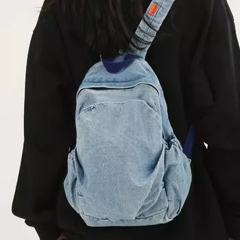 Джинсовый рюкзак Женский школьный рюкзак Ученик средней школы Плиссированный рюкзак темно-синий