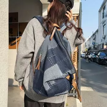 Джинсовый складной рюкзак, лоскутный рюкзак для пары, студенческий рюкзак чёрный