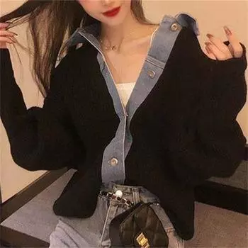 Джинсовый свитер с плетением, женская свободная верхняя одежда 2024 года, новая осенне-зимняя корейская версия, вязаный кардиган, женская куртка с длинными рукавами, прилив one size fits all