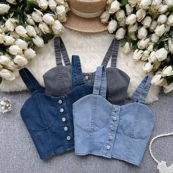 Джинсовый топ в стиле Гонконга в стиле ретро, женский дизайн, облегающий крой с короткими рукавами и пупком, сексуальный Gyaru Sle, модная футболка на бретельках One Size серый