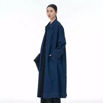 Джинсовый тренчкот Temperament, длинное пальто, весна 2025, новая женская одежда больших размеров, свободная и тонкая one size fits all чёрный