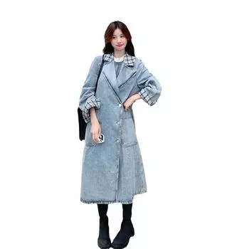 Джинсовый тренчкот женский средней и длинной длины осенний новый ретро темперамент повседневное пальто S