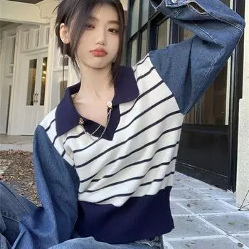 Джинсовый вязаный свитер с воротником-поло в стиле пэчворк, женский пуловер на осень/зиму 2023, дизайн, ниша, свитер в контрастную полоску, женский топ One Size серый