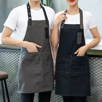 Джинсовый женский карманный домашний мужской фартук с регулируемой пуговицей для приготовления пищи, кухонный фартук для кафе, барбекю темно-серого