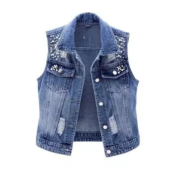 Джинсовый женский жилет, роскошный жемчуг, модная рваная осенняя джинсовая куртка больших размеров, свободное короткое пальто без рукавов, повседневные жилеты L синий