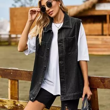 Джинсовый жилет нового стиля, плечо, весенне-осенняя модная тенденция, джинсовый жилет без рукавов, женский тренд S