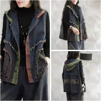 Джинсовый жилет с капюшоном, женский свободный литературный жилет на молнии в стиле ретро с двойным карманом S синий