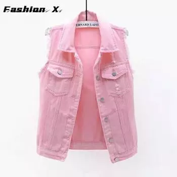 Джинсовый жилет Женская куртка без рукавов Короткие универсальные тонкие утягивающие топы с необработанными краями Весна Лето Осень S