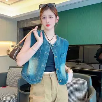Джинсовый жилет, женский новый модный универсальный жилет без рукавов в стиле ретро с пуговицами и круглым вырезом, модное пальто M