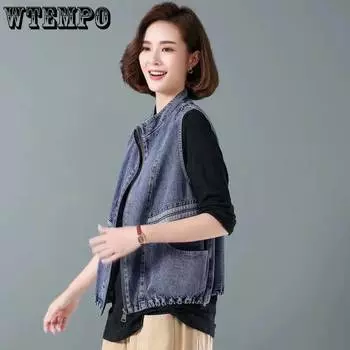 Джинсовый жилет женский весенне-летний жилет без рукавов с большими карманами, свободная куртка M синий