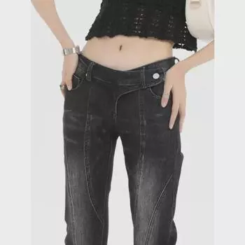 Джинсы 2024 Retro с низкой талией, черно-серые, с эффектом пуш-ап, микроклеш для женщин S чёрный