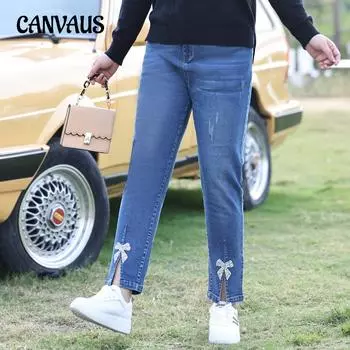 Джинсы больших размеров для женщин, эластичные тонкие модные прямые брюки с бантом и украшением 2XL синий