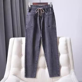 Джинсы больших размеров в осеннем стиле, женские шаровары, базовые эластичные брюки, свободные повседневные женские брюки, брюки 5XL XL серый