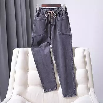 Джинсы больших размеров в осеннем стиле, женские шаровары, базовые эластичные брюки, свободные повседневные женские брюки, брюки 5XL XL серый