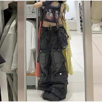Джинсы Брюки Женские Уличные Большие Свободные Несколько Карманов Женские Брюки Весна Винтаж Хип-Хоп Джинсовые Брюки S чёрный