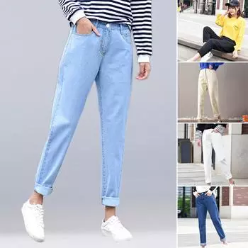 Джинсы Черно-белые шаровары Потертые джинсовые брюки Женские свободные повседневные джинсы Винтажные джинсы для мам 25 бежевый