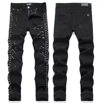 Джинсы Denim Street Youth Trendy Jeans Stretch с вышитыми отверстиями, узкие мужские джинсы 29 чёрный