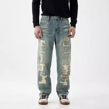 Джинсы Design Sense Мужские Неглубокие Рваные Заплатки Лоскутные Свободные Прямые Брюки 28