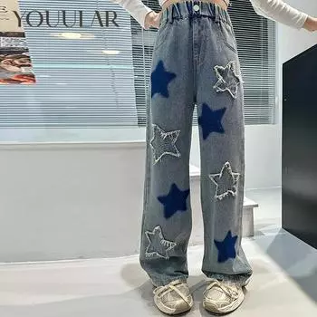 Джинсы для девочек, джинсы со звездами для девочек, детские весенне-осенние брюки для детей, повседневная одежда для девочек 6, 8, 10, 12, 14 лет 120