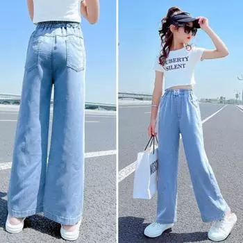 Джинсы для девочек, летние тонкие широкие брюки, дышащие детские джинсовые брюки, детские брюки