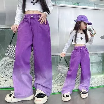 Джинсы для девочек, модные розовые широкие брюки, детская одежда, весна-осень, уличные брюки 140cm фиолетовый