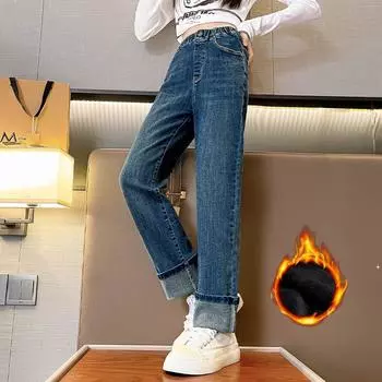 Джинсы для девочек на осень и зиму, теплые брюки из корейского бархата, модные прямые брюки для девочек больших размеров 170