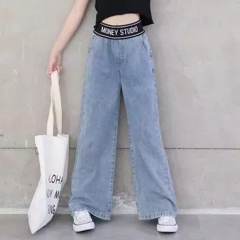Джинсы для девочек-подростков, весна-лето 2021, повседневные модные свободные синие детские широкие штаны, школьные брюки для детей 6, 8, 10, 12 лет 170cm