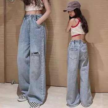 Джинсы для девочек-подростков, весна-осень, повседневные широкие брюки, свободные рваные детские ретро-брюки, брюки для школьников 170 синий