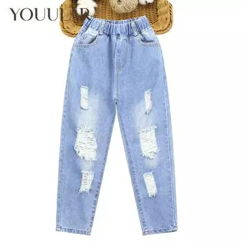 Джинсы для девочек, Повседневный стиль, рваные джинсы для девочек, детские однотонные джинсы для детей, подростковая одежда для девочек 100